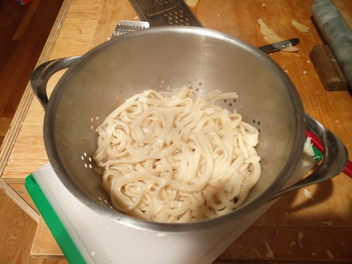 Cooked pasta in a strainer