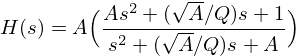 H(s) =A \Bigl({A s^2 + (\sqrt{A}/Q)s + 1
\over
s^2 + (\sqrt{A}/Q)s + A}\Bigr)